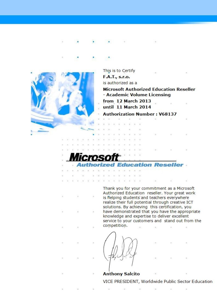 Microsoft Authorized Education Reseller certifikát